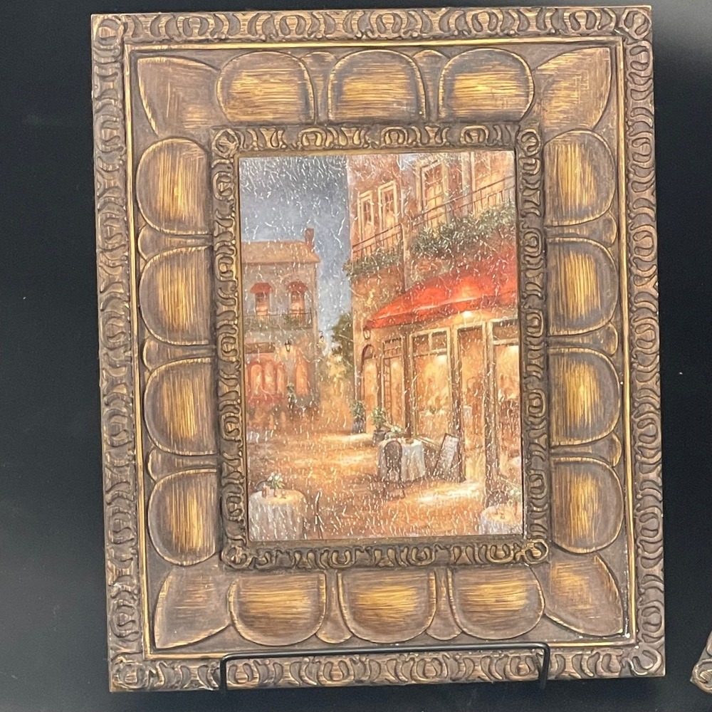 Old Time Pottery Framed Art‎ Cafe Scenes Bronze Ornate Set of 2 10x12 Excellent